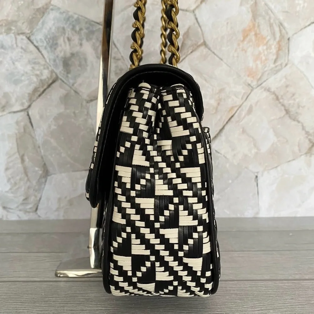 Karl Lagerfeld Black & White Geometric Woven Chain Shoulder Bag - Picture 6 of 9